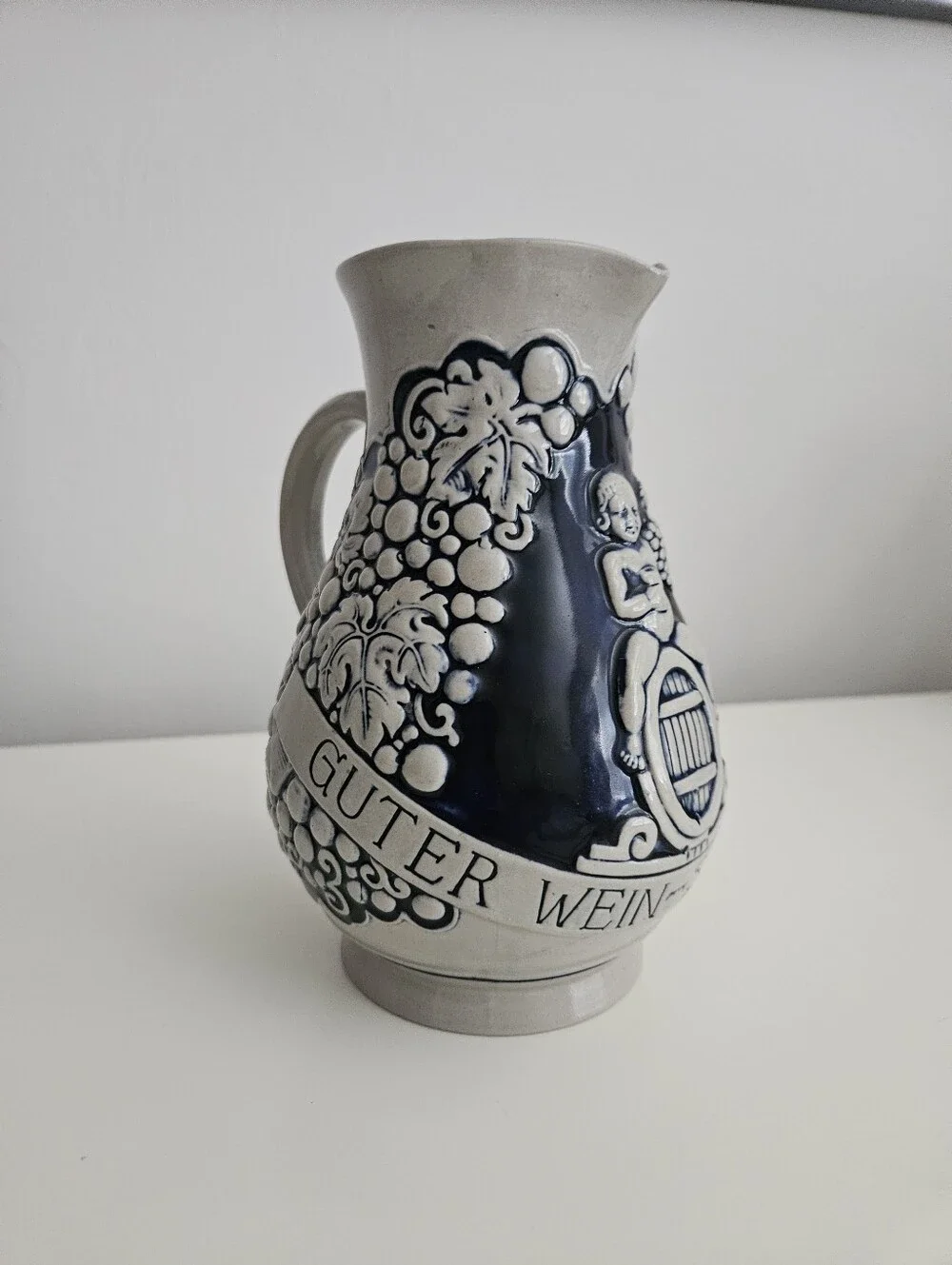 VTG German Stoneware Cobalt Blue & Gray Wine Pitcher | SZ 7